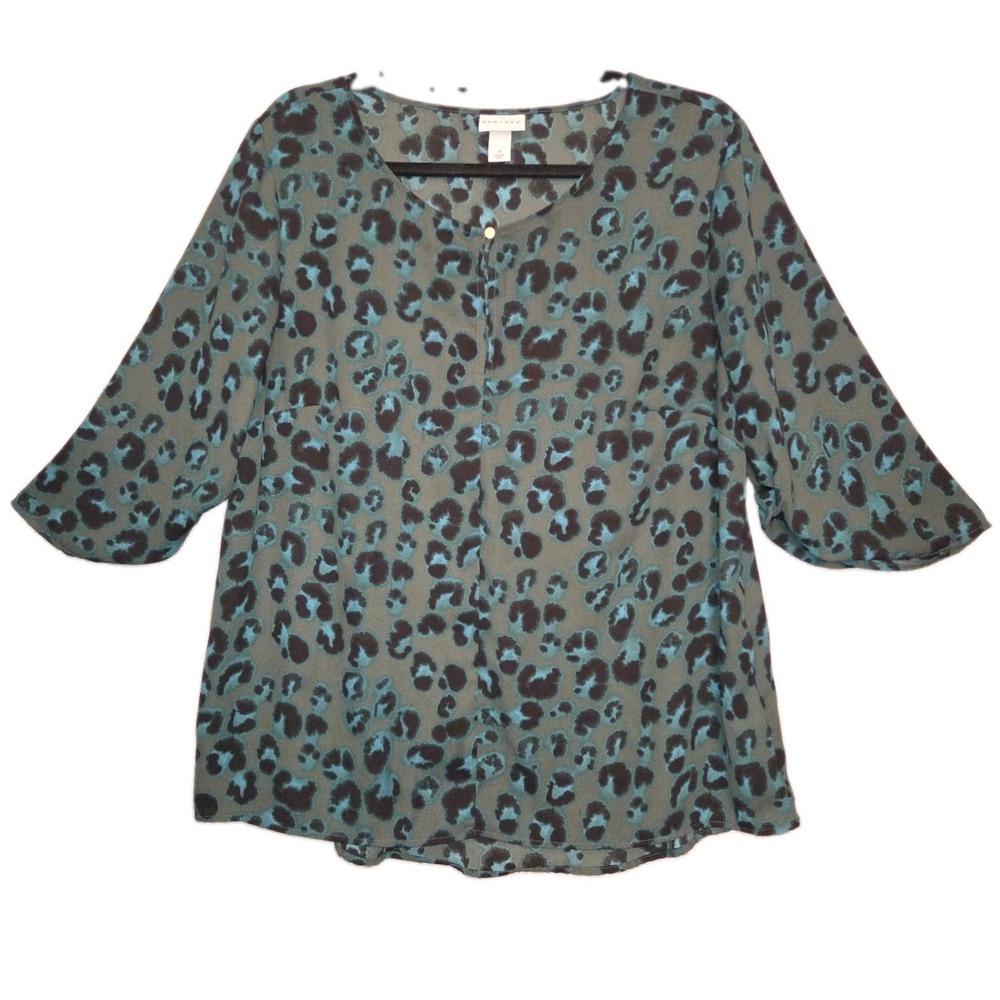 AVA VIV Animal Print Blouse XL Leopard Vibrant Green Flowy Tunic Top 3/4 Sleeve